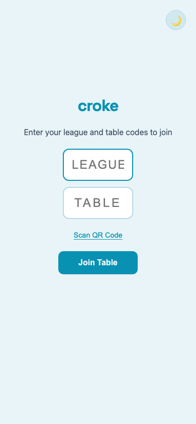 Table code entry screen