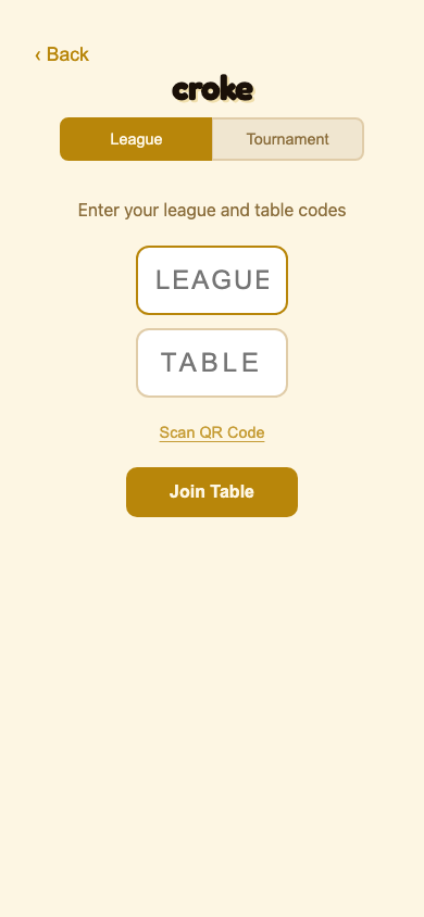 Table code entry screen